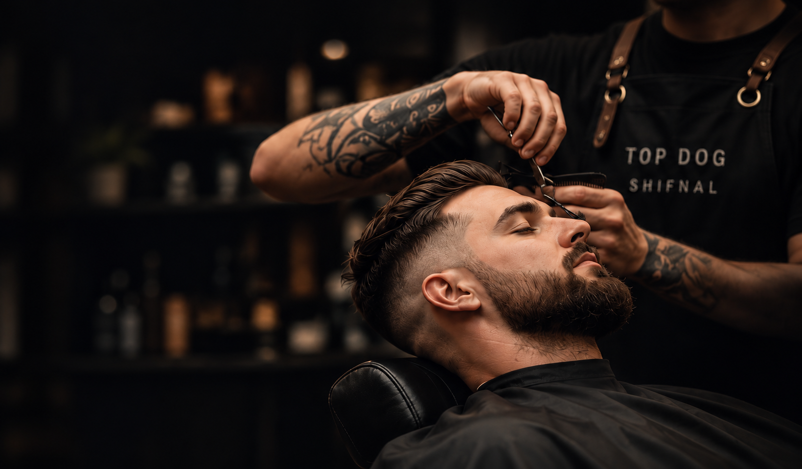 Illustrative barber scene recreated from the supplied Top Dog concept